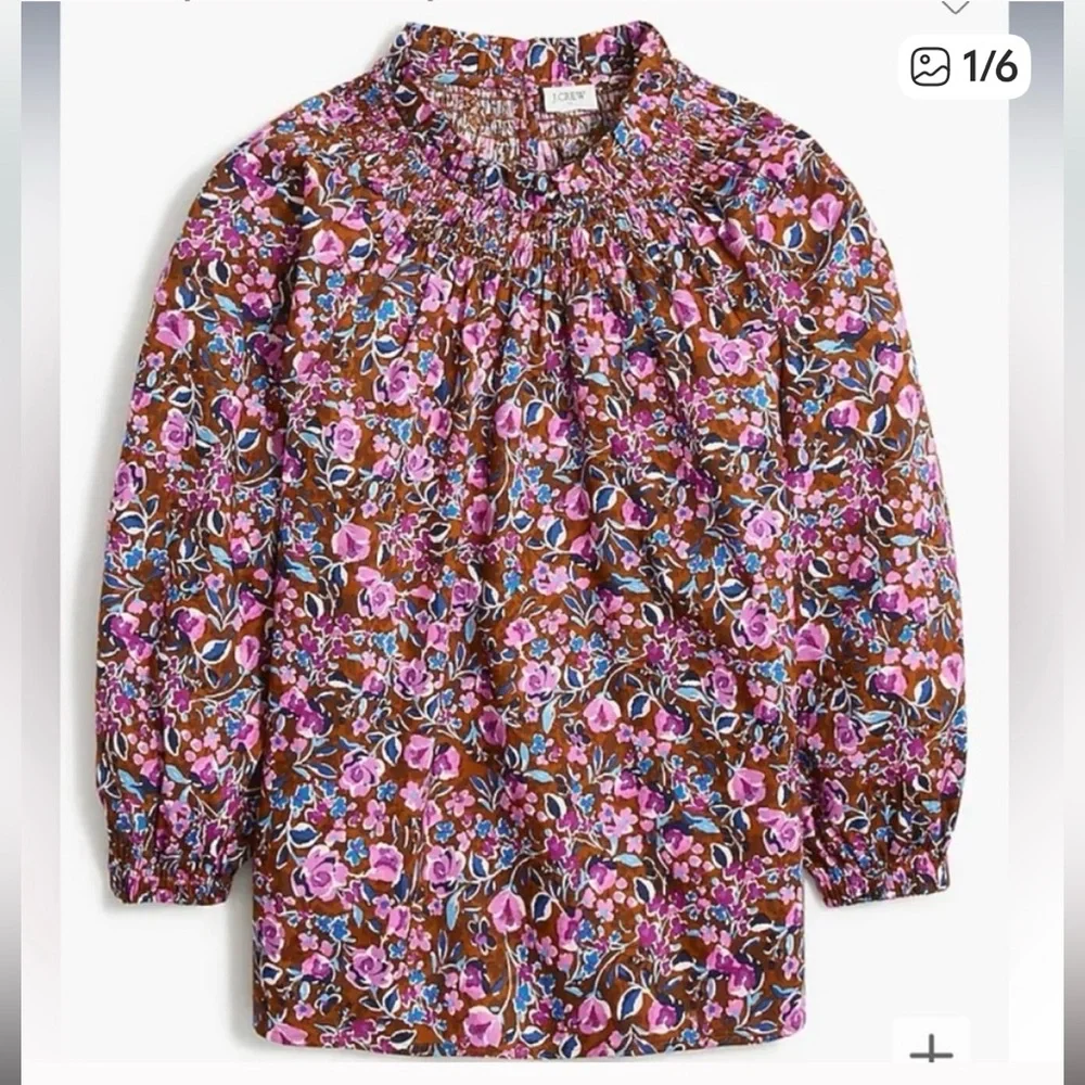 J. Crew Floral Print Smocked-Neck Top